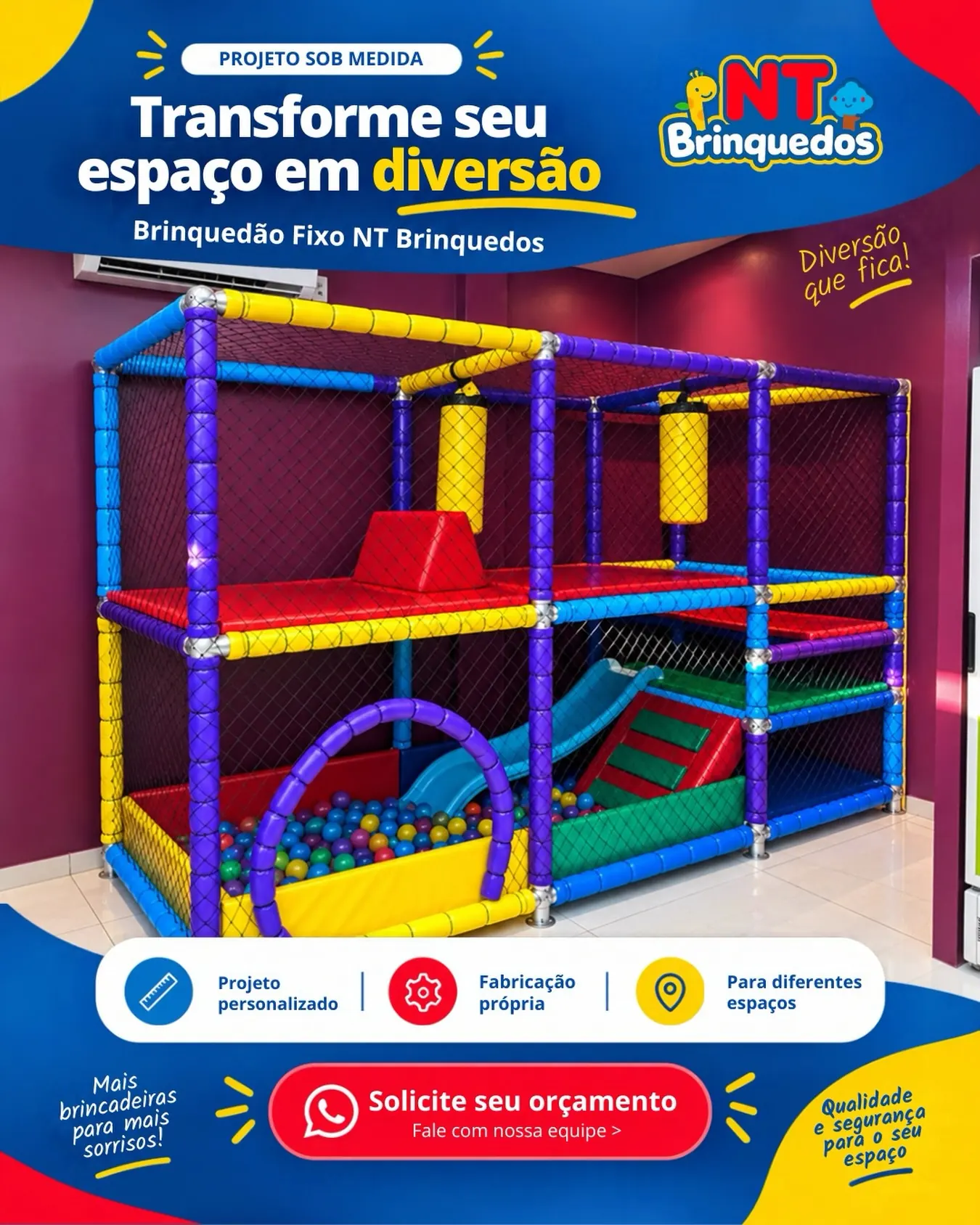 Brinquedão Fixo NT com piscina de bolinhas, escorregador e redes de proteção
